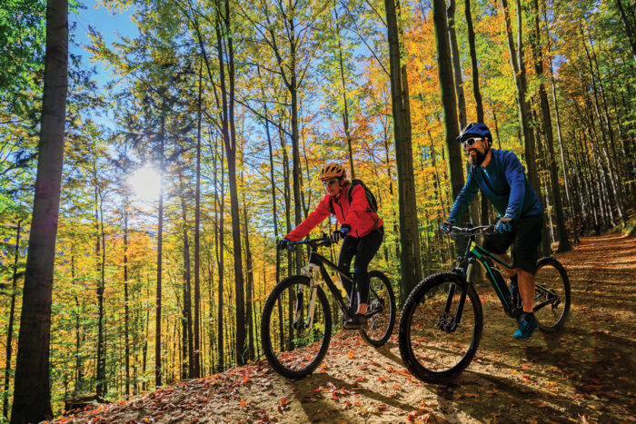 Two adults riding their bikes on a trail downhill on an autumn day