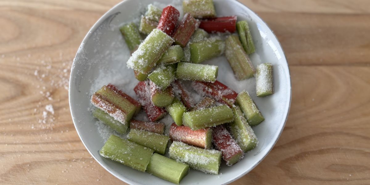 rhubarb with sugar in a bowl