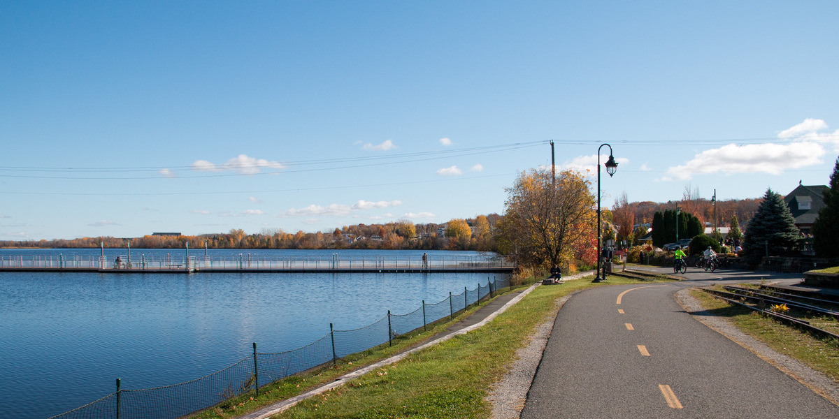 long bike pathway alongside waterfront trees