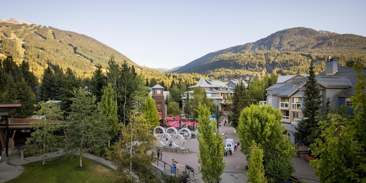 birdseye view of olympic village with village buildings and roaming hills
