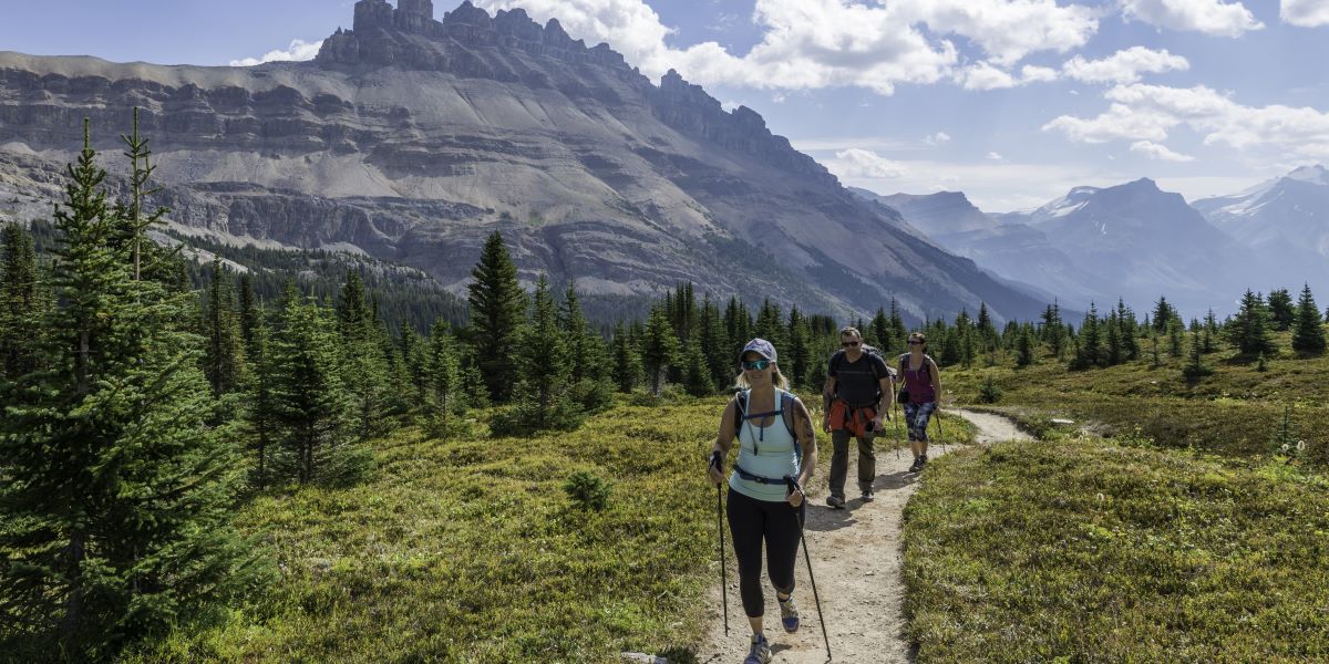 People hike on a remote trail with mountains in the background.